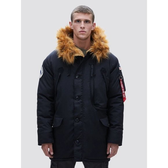 Alpha Industries N-3b Alpine Parka Mens Black Faux Fur Hooded Button Front - Picture 2 of 12